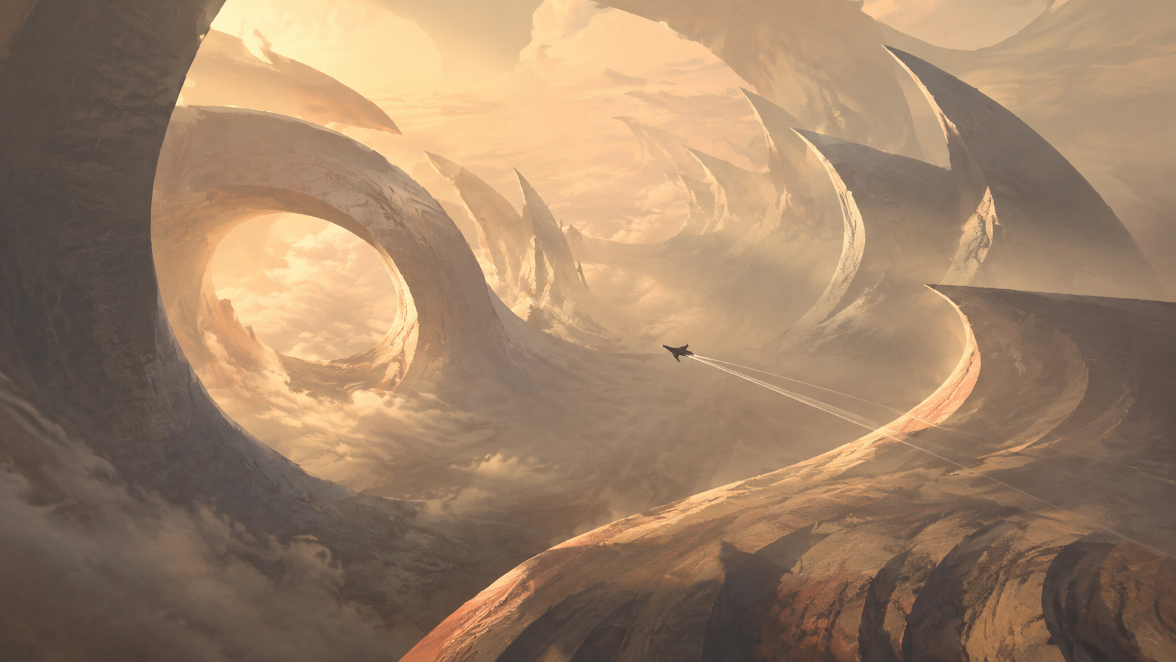 A small aircraft flying through immense curved stone-like forms in warm mist.