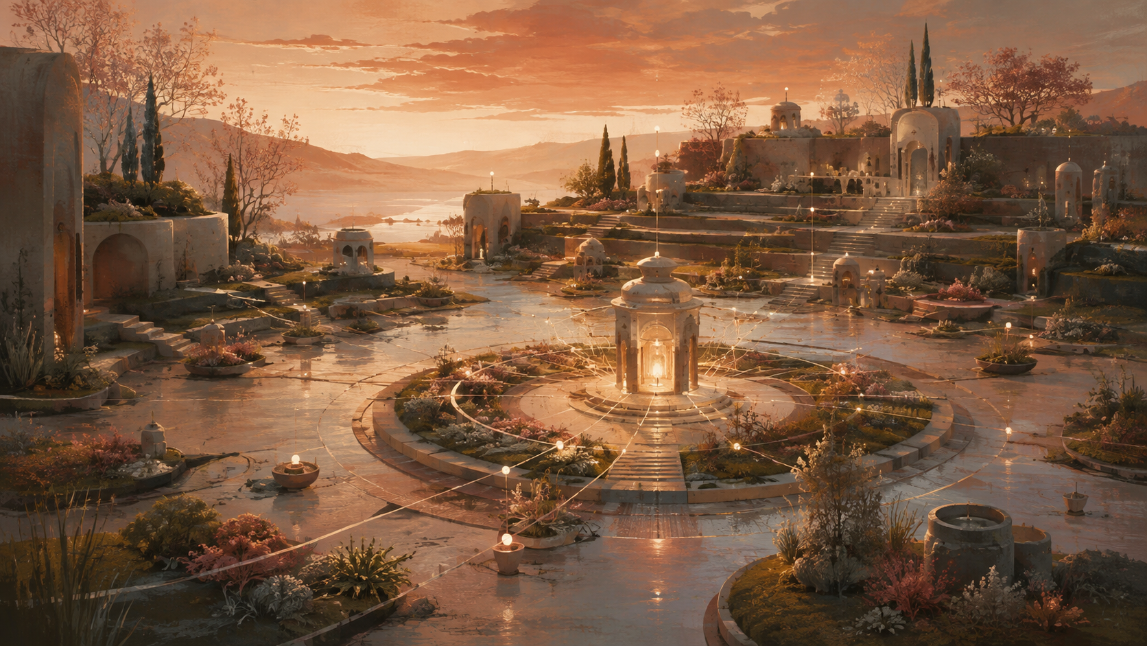 A warm terraced garden of small structures connected by delicate points of light at dusk.
